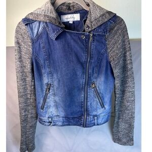 Sebby Distressed Denim Hybrid Jacket with Cozy Gray Sweater Sleeves & Hood Small